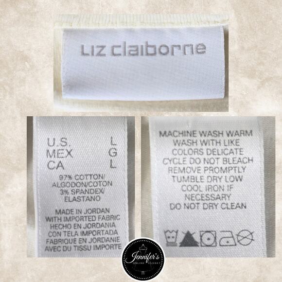 3/$30 Liz Claiborne Cream with Gold Metallic Embroidered V Neck Knit Top Large - Picture 8 of 10
